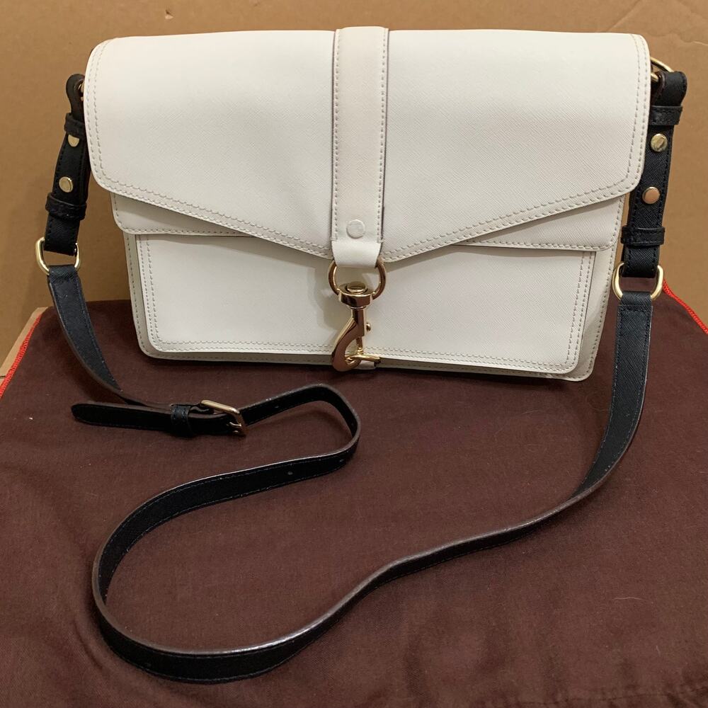 REBECCA MINKOFF White Saffiano Leather HUDSON Flap Large Xbody Msgr Black Trim